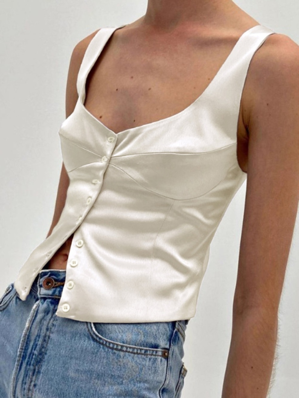 Commense Ivory Satin Button-Front Strappy Top Size Medium NWT